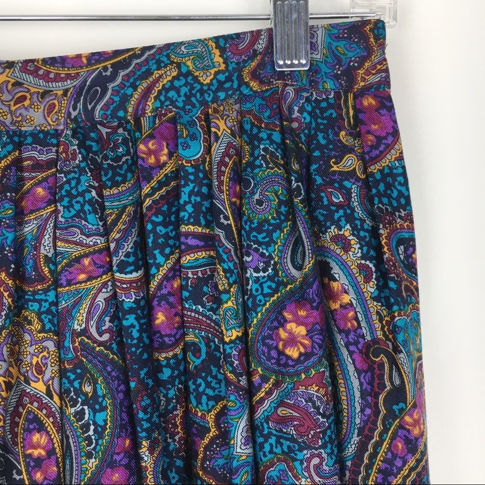 Vintage Leslie‎ Fay Womens Pleated Skirt Peacock Blue Purple Marigold Paisley